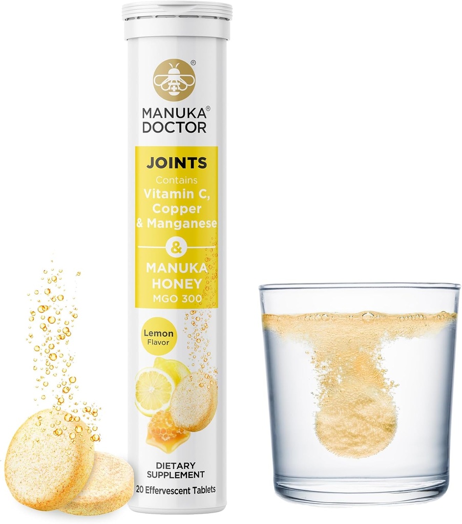 Manuka Doctor Joints* Dnevna skupna podpora dodatek z Manuka med, vitamin C, baker in mangane za spodbujanje skupnega zdravja, limonina aroma, 20 šumeče tablete