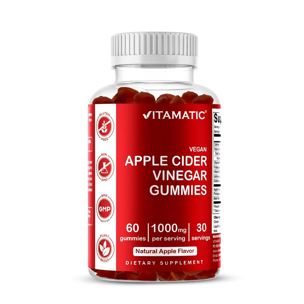 Vitamatski Apple Cider vinskih gumijev - 1000mg na serviranje - 60 Veganskih gumijev - ACV Gumijev za detox, hujšanje podpora, povečanje energije, prebava in Gut zdravje