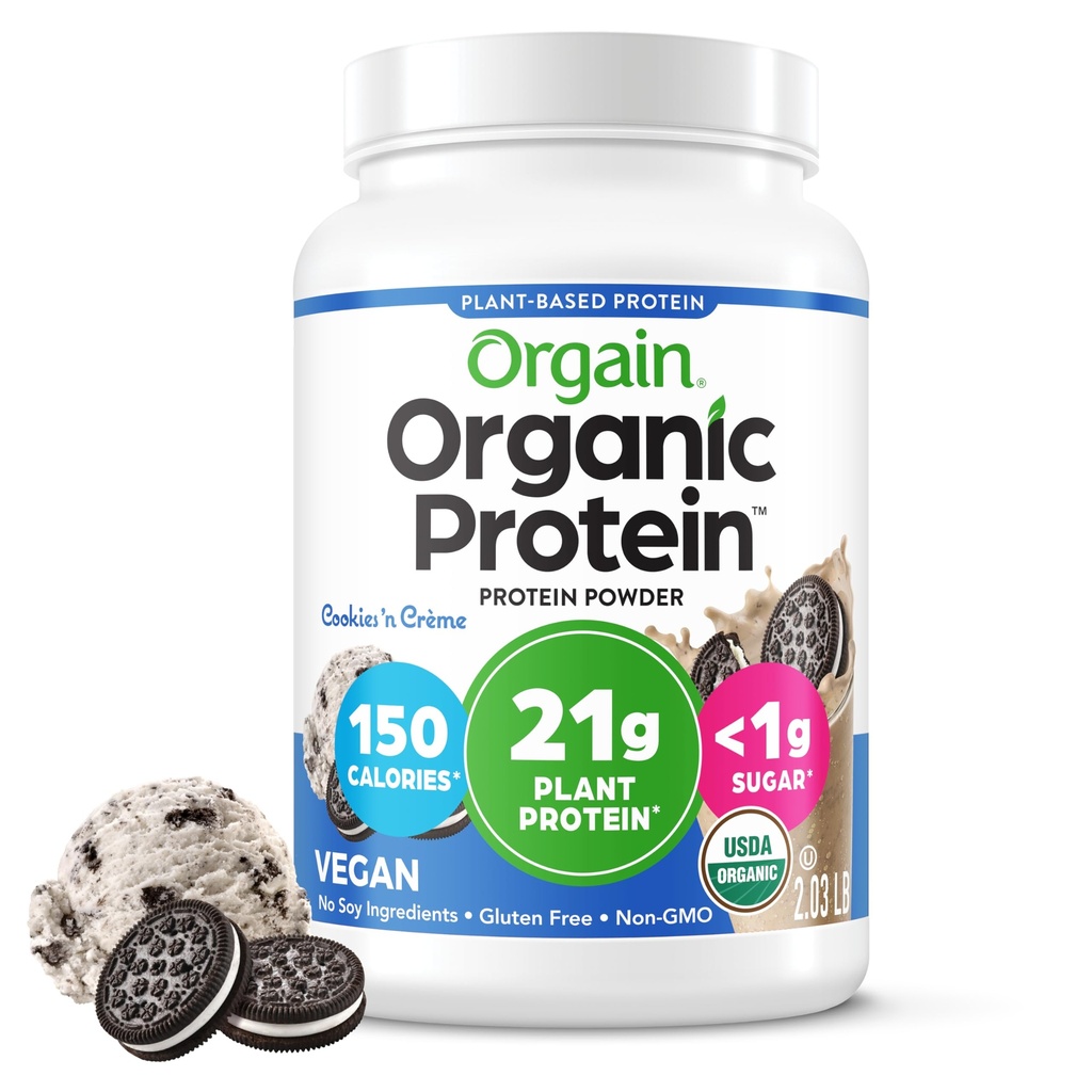 Orgain Organic Vegan Protein Powder, Cookies & Cream - 21g Rastlinske beljakovine, 7g Prebiotične vlaknine, nizko neto ogljikove hidrate, brez laktoze Sestavine, Brez dodanega sladkorja, ne-GMO, za stresanje in napitke, 2,03 lb