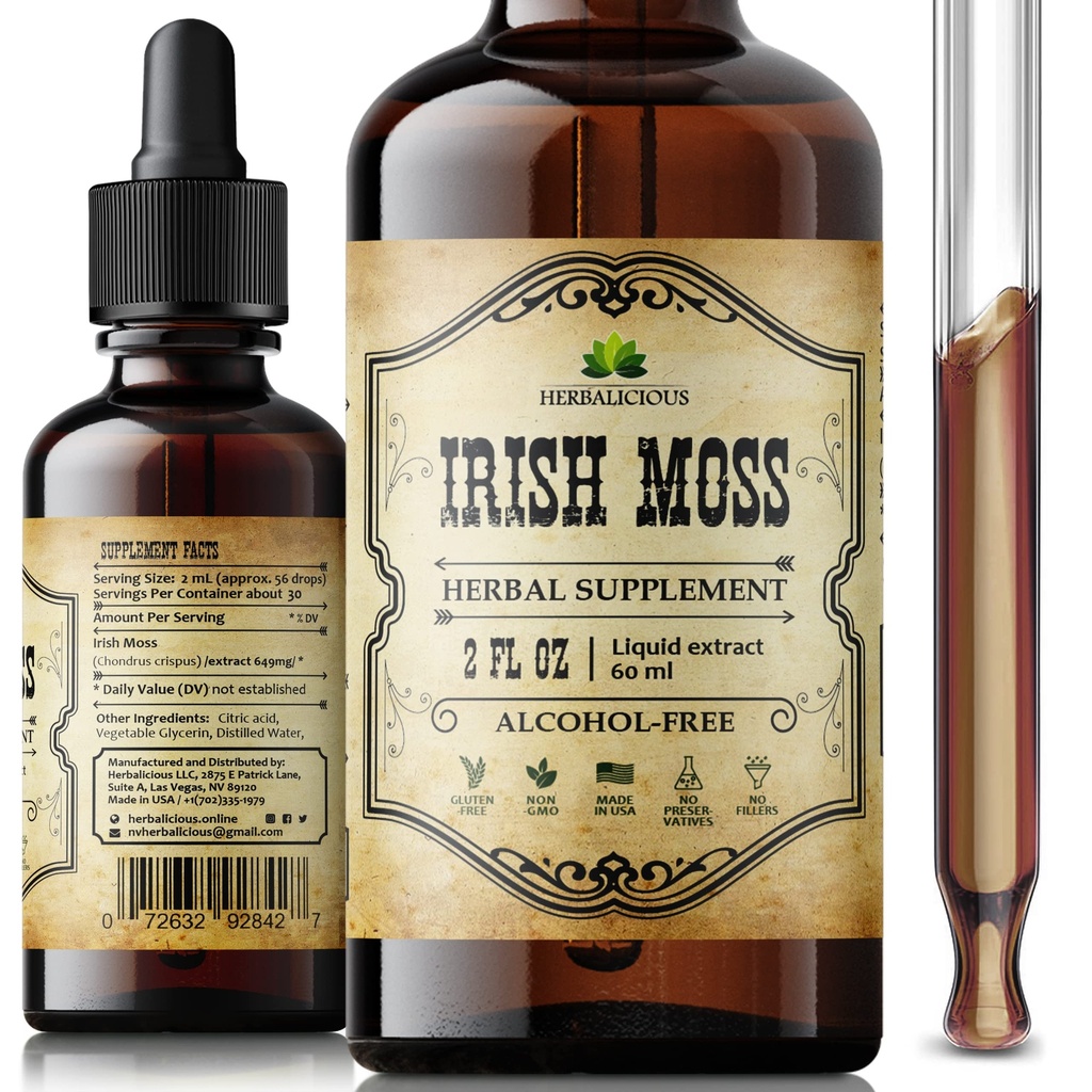 Irish Sea Moss Raw Organic Drops – Natural Ireland Sea Moss Extract za podporo ščitnici, Digestion & Energy – Tekoči prehranski dodatek – Vegan, Non-GMO – 2oz steklenica