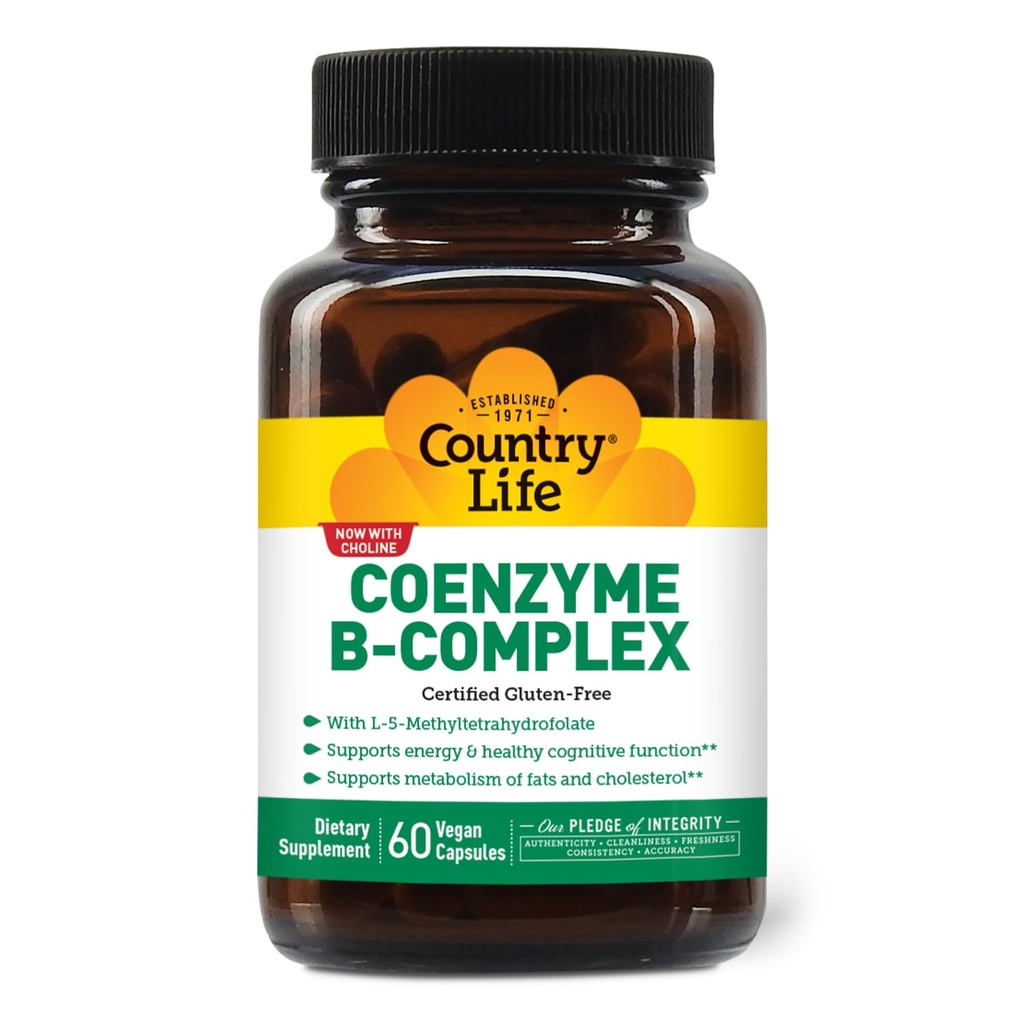 Country Life Coencim B- Complex, 60 Kapsule – podpira energijo in presnovo, razpoloženje in kognitivne funkcije – Vegan, Gluten-free, Biorazpoložljivi B Vitamini s holinom