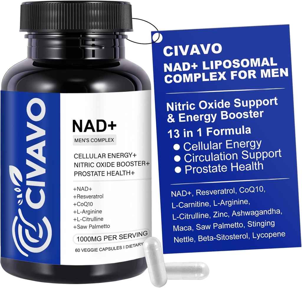 NAD+ Dopolnilo za moške 1000mg, NAD+ z Resveratrol, CoQ10, L-citrulin & Maca Root – celična energija, zdravo staranje podpora, antioksidant, dušikov oksid prostate zdravje za moške – 60 kapsul