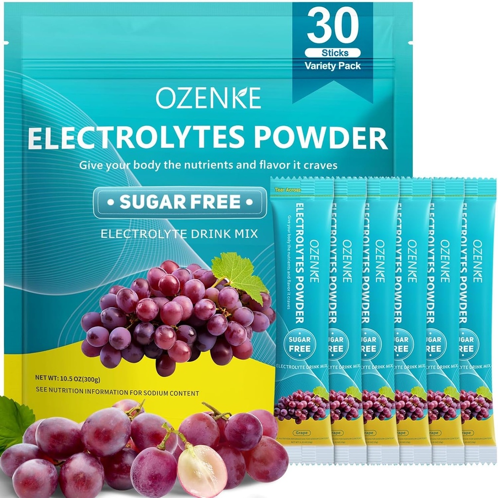 Hydration Packets Sugar Free, Electrolyte Drink Mix Portable Hydration Packets for Rapid Hydration, Grape Flavor, 30 Sticks