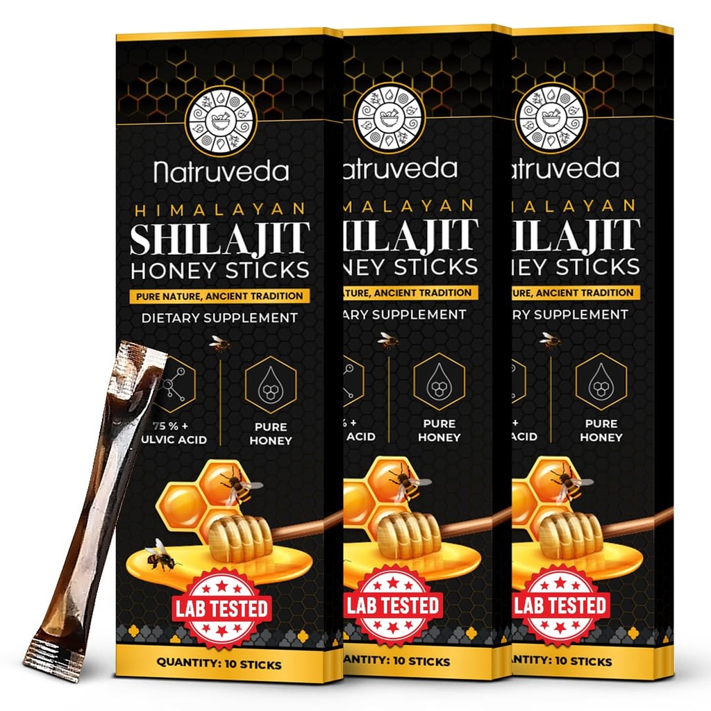 Himalajski šilajit Medene palice za moške in ženske - 75%+ Fulvic Acid & Trace Minerals - Surovi Med, Saffron & Himalajski Šilajit Resin - Stamina, Performance & Energy Support - (Pack of 30)