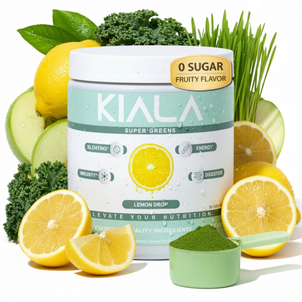 Kiala Nutrition Super Greens, Organic Greens Powder z Spirulina & Klorella za digestion, Gut Health, Immuniteta, Energy, Gluten Free, Vegan, Sladkor brez sladkorja, Spectra Mešanica, Lemon kapljica, 30 Serving