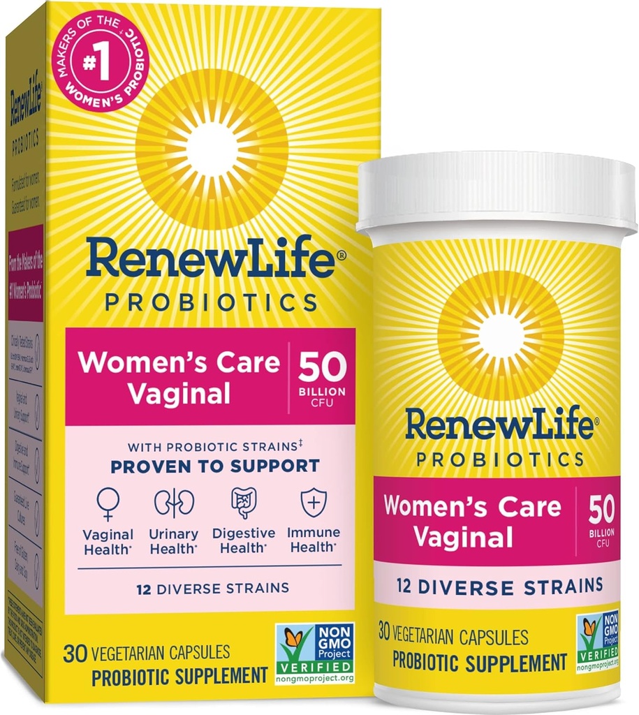 Renew Life ženske probiotične kapsule, 50 milijard CFU zajamčena, podpira pH ravnovesje, vaginalne, urinarne, prebavne in imunskega zdravja(2), L. Rhamnosus GG, Mlečni, Soja in Gluten-free, 30 Število