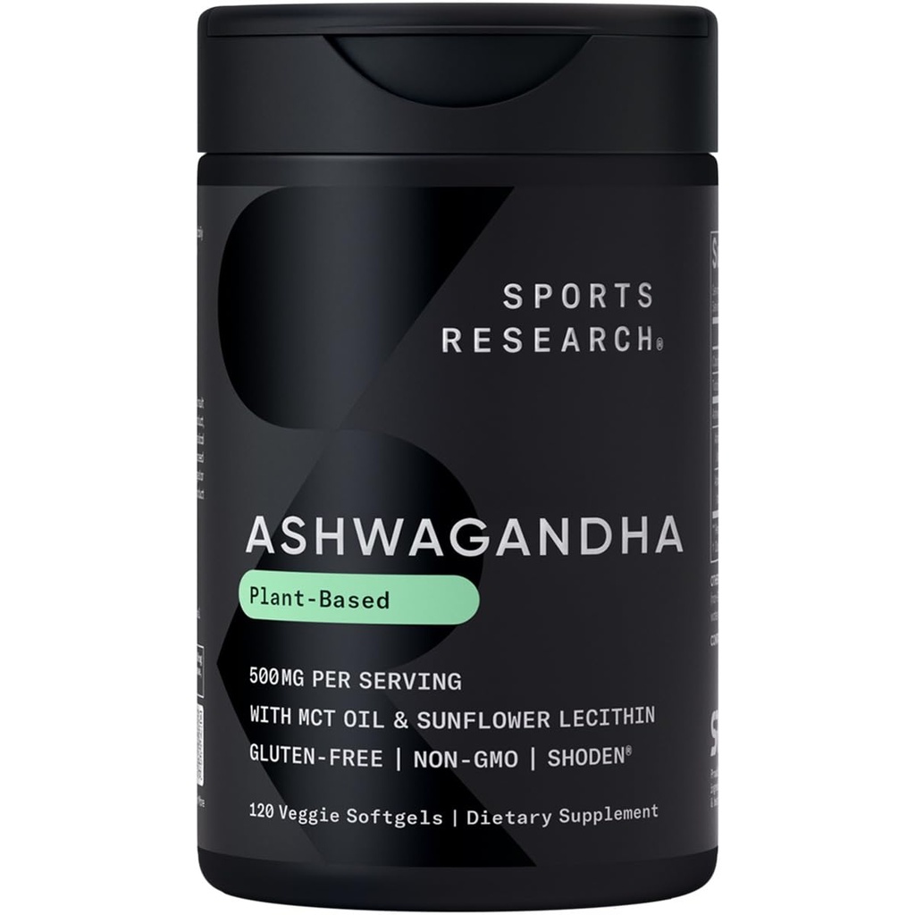 Športne raziskave® Ashwagandha Softgels s kokosovim MCT oljem - Natural Ayurvedic Adaptogen Izdelano s Shoden® Ashwa za sprostitev, mirno in spanje podporo - Gluten Free & Vegan prijazno - 120 Count