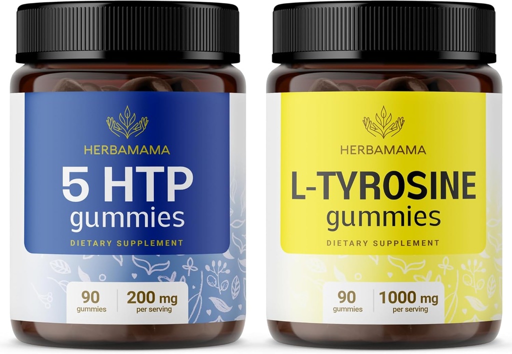 HERBAMA L-tirozin in komplet za podporo možganov – paket 200 mg 5-HTP in 1000 mg L-tirozina Gumies - Vegan, ne-GMO, želatina-free - 2 pakiranji