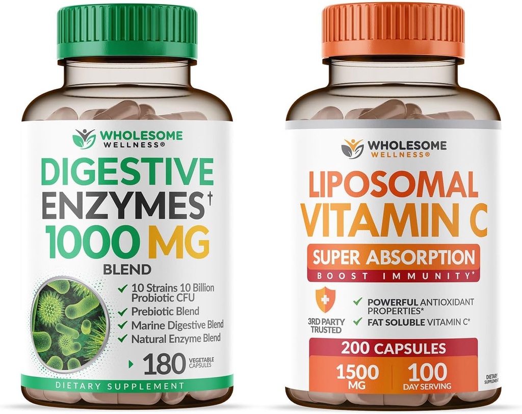 Zdrave Wellness Prebavne encime 1000MG Plus Prebiotiki in probiotiki + Liposomne Vitamin C Kapsule (200 tablet 1500mg buffered)