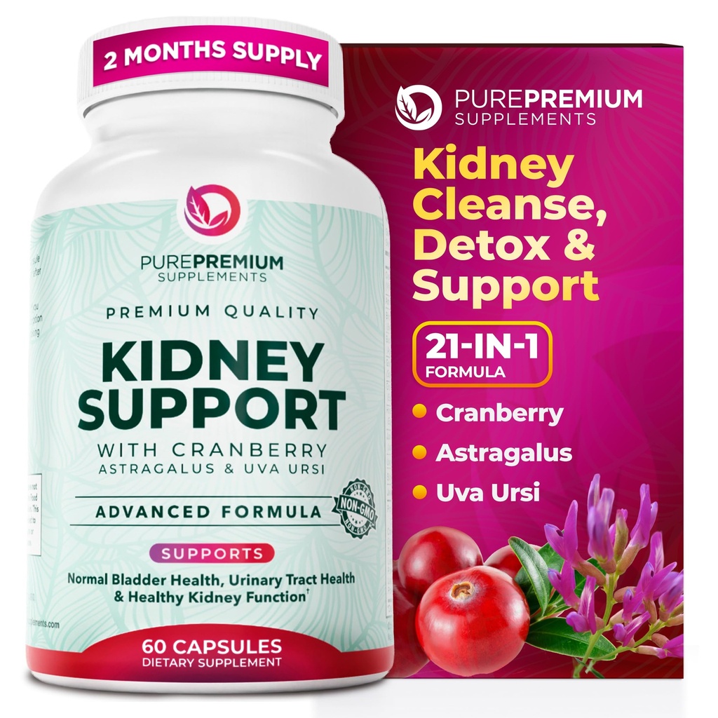 PurePremium Ledvice Supplement – Ledvice Cleanse Detox in Popravila z brusnic Extract & Astragalus - 21-in-1 Complex Podpora Normalen Bladder, Sein Tract & Ledvice zdravje - 60 dan