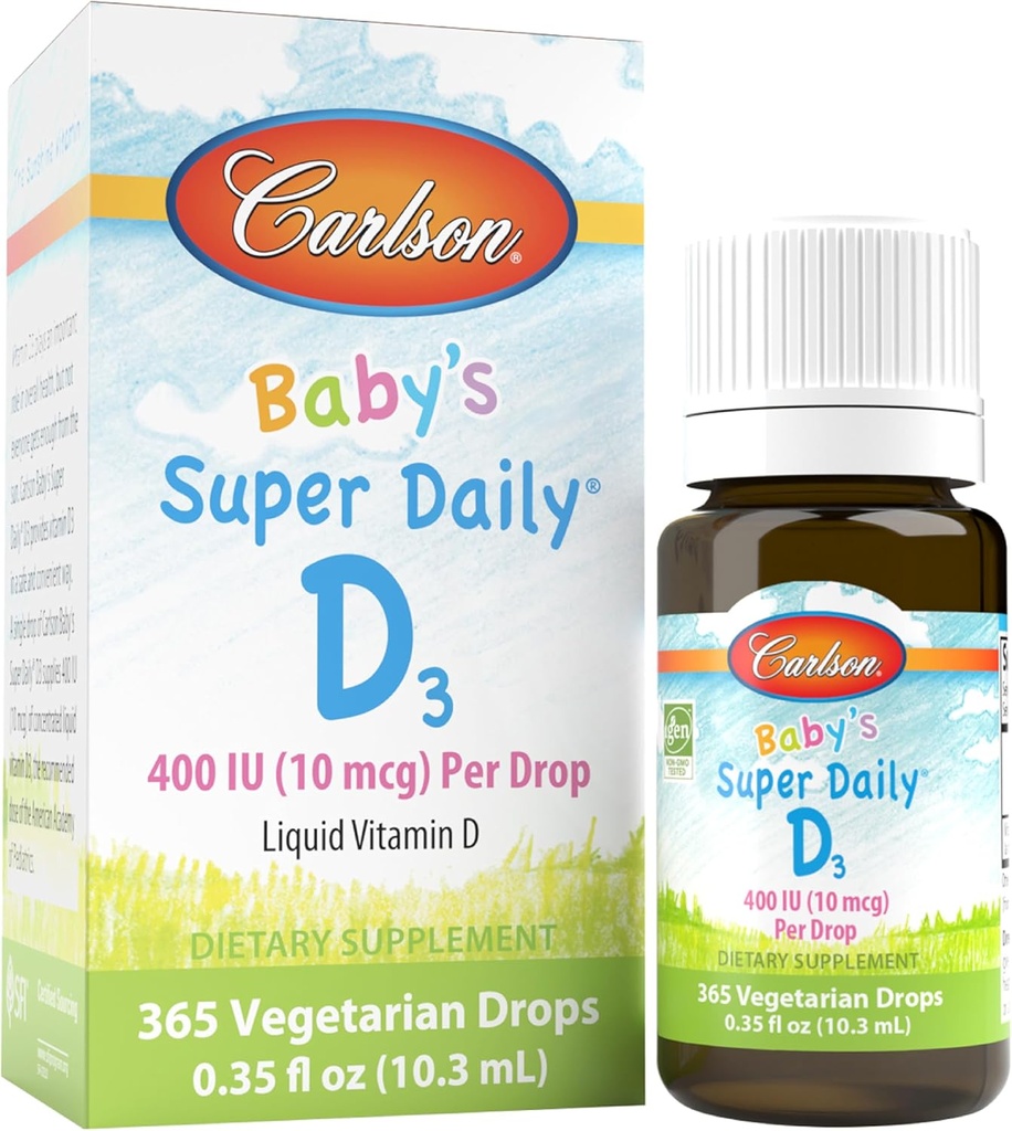 Carlson - Baby's Super Daily D3, Baby Vitamin D Kapljice, 400 i.e. (10 μg) na kapljico, 1-letna zaloga, vegetarijanski, tekoči vitamin D za dojenčke in malčke, brez arome, 365 kapljic