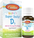 Carlson - Baby's Super Daily D3, Baby Vitamin D Kapljice, 400 i.e. (10 μg) na kapljico, 1-letna zaloga, vegetarijanski, tekoči vitamin D za dojenčke in malčke, brez arome, 365 kapljic