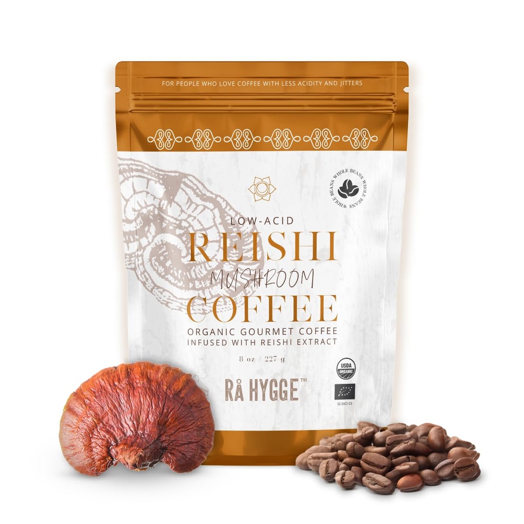 Rå Hygge Specialty Organic Cel fižol goba kava z Reishi - Za mirno energijo, Sprostitev in ravnotežje - Zdrava kava Alternativna, Nizka Acid Srednje pečenka, 8 oz (16 skodelice), Pražena na Švedskem