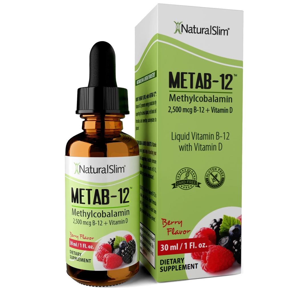 NaturalSlim Tekoči B12 Vitamini z vitaminom D - Metab-12 Metilkobalamin 2500 mcg B12 Podjezične kapljice za presnovo, energijo, in imunske podpore - Berry Flavor 1 fl oz