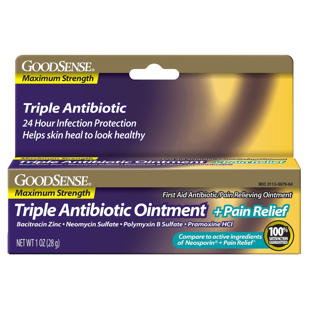 GoodSense maksimalna moč Trojni antibiotični mazilo plus lajšanje bolečine - Blaži boleče reže, luske in opekline, preprečevanje okužbe, prva pomoč Antibiotik, zunanji analgetik, 1 oz