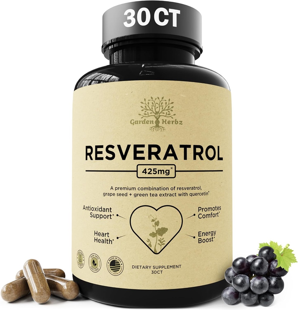 Quercetin & Resveratrol dodatek z grozdnim semenom – 425mg Zeliščni antioksidant & Wellness Podpora – Polifenoli & Nutrient Mešanica za splošno zdravje, 30Ct