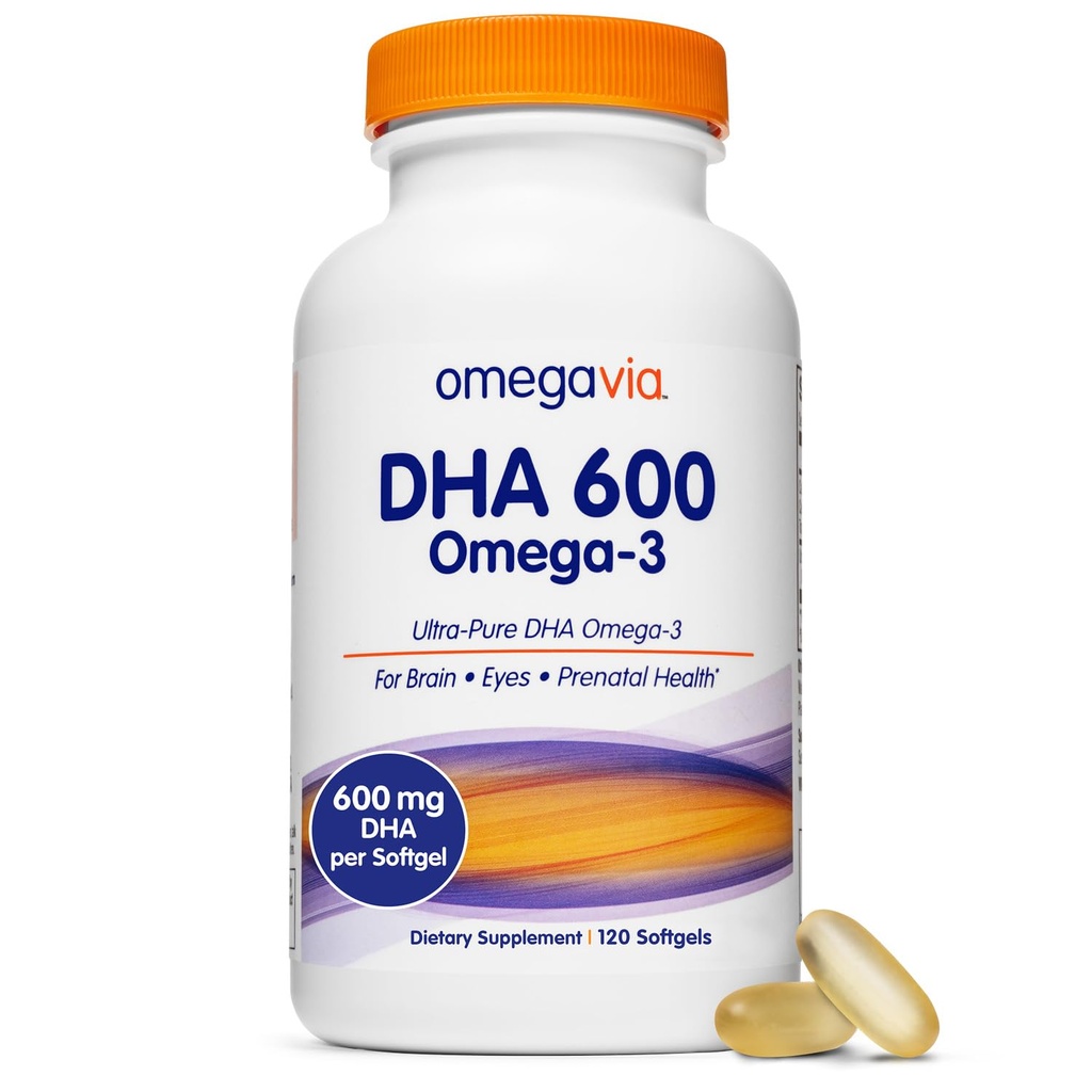 OmegaVia DHA 600 mg, Ultra Pure Omega-3 DHA dopolnila za možgane in oči, DHA predporodni vitamini za ženske, Burpless Fish Oil Omega 3, IFOS Tested, 120 Softgels