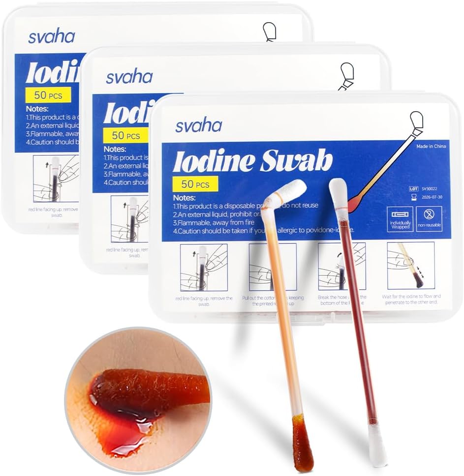 Povidon Jodine Swabs - 150 Sticks Sterilne Jodine Swabsticks, individualno zaviti bombaž Swabs, Rešitev za čiščenje ran, Prva pomoč, Potovanje