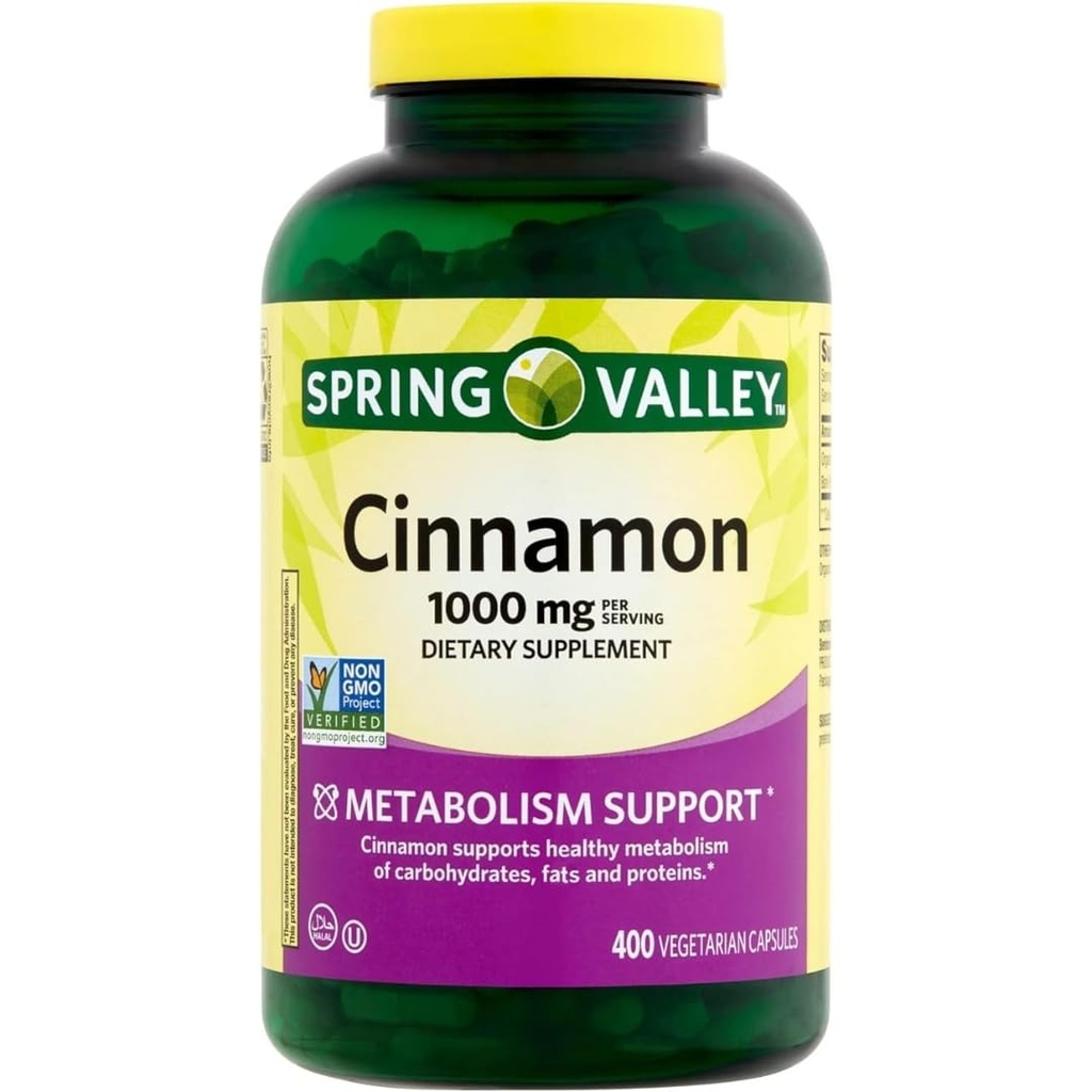 Prehranska dopolnila za cimet Spring Valley, 1000 mg, 400 vegetarijanskih kapsul - presnovna podpora. Vključuje Lepilo.