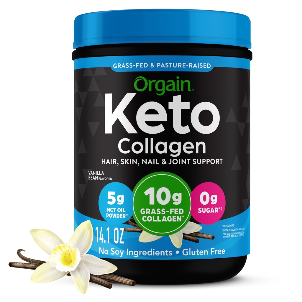 Orgain Keto Collagen Protein Powder, Vanilla - 10g Grass Fed Hidralizirani kolagen Peptide za ženske in moške, Tip I & III, 5g MCT Oil - Lasje, koža, Nail, & Skupna podpora, Non-GMO, Gluten Free - 0,88lb