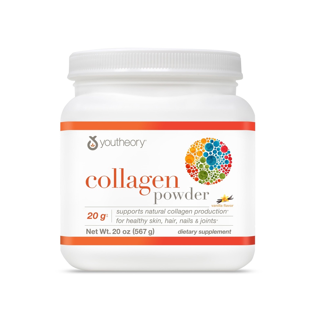 Youteory Colagen Powder - z aminokislinami, minerali, vitaminom C & B7 (Biotin) - podpira zdrave kosti, mišice, lase, nohte, kožo in sklepe* - hidroliziran - Vanilla - 20 oz (21 Serving)