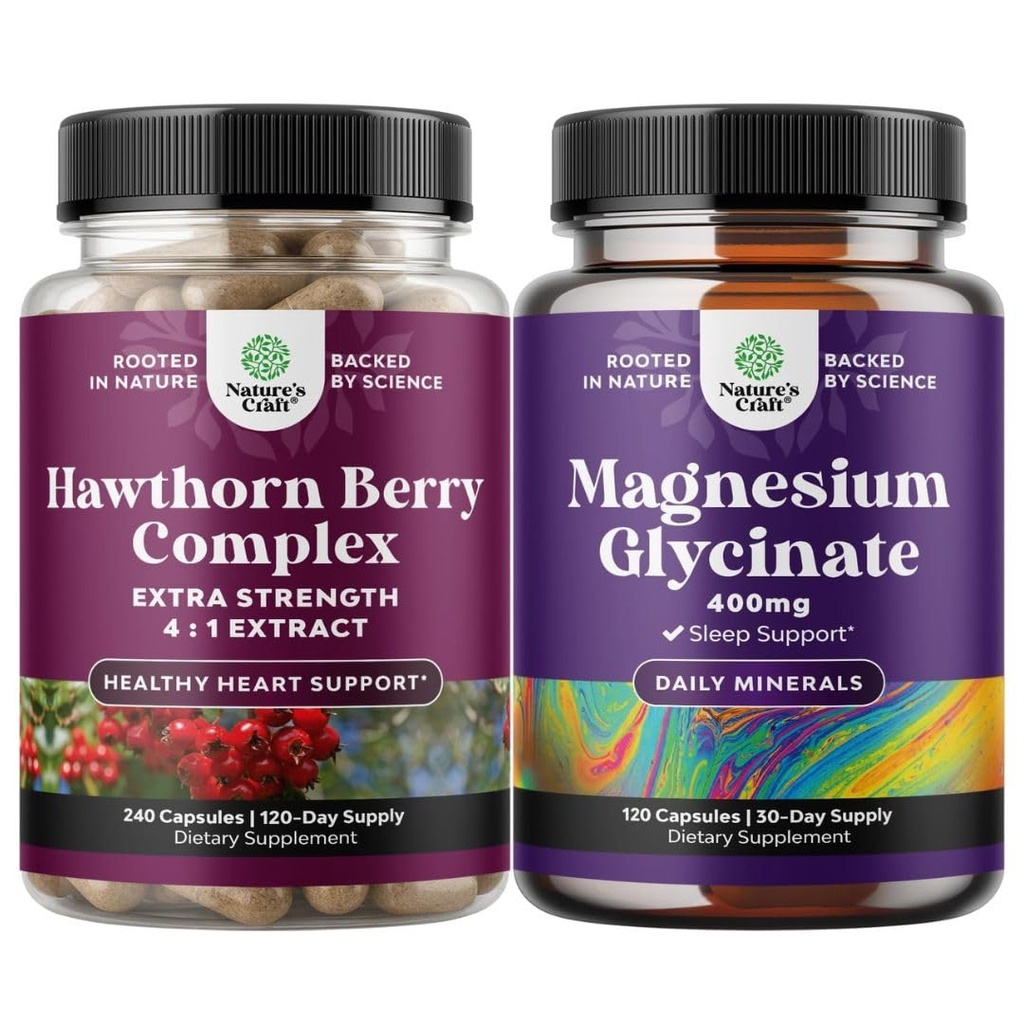 Narave Obrtna mešanica dodatne moči Hawthorn Berry kapsule - Extract Prebava in zdravje srca dopolnilo in čisti magnezij Glicinat 400mg na služijo za Mood spanje in sprostitev