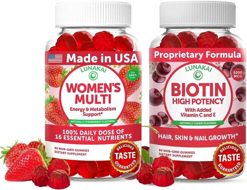 Lunakai USA Made Womens Multivitamin & Biotin Gummies Bundle – Energija in lasje, koža, podpora za nohte – Seveda aromatizirana – 60 Ne-GMO Gummies vsak