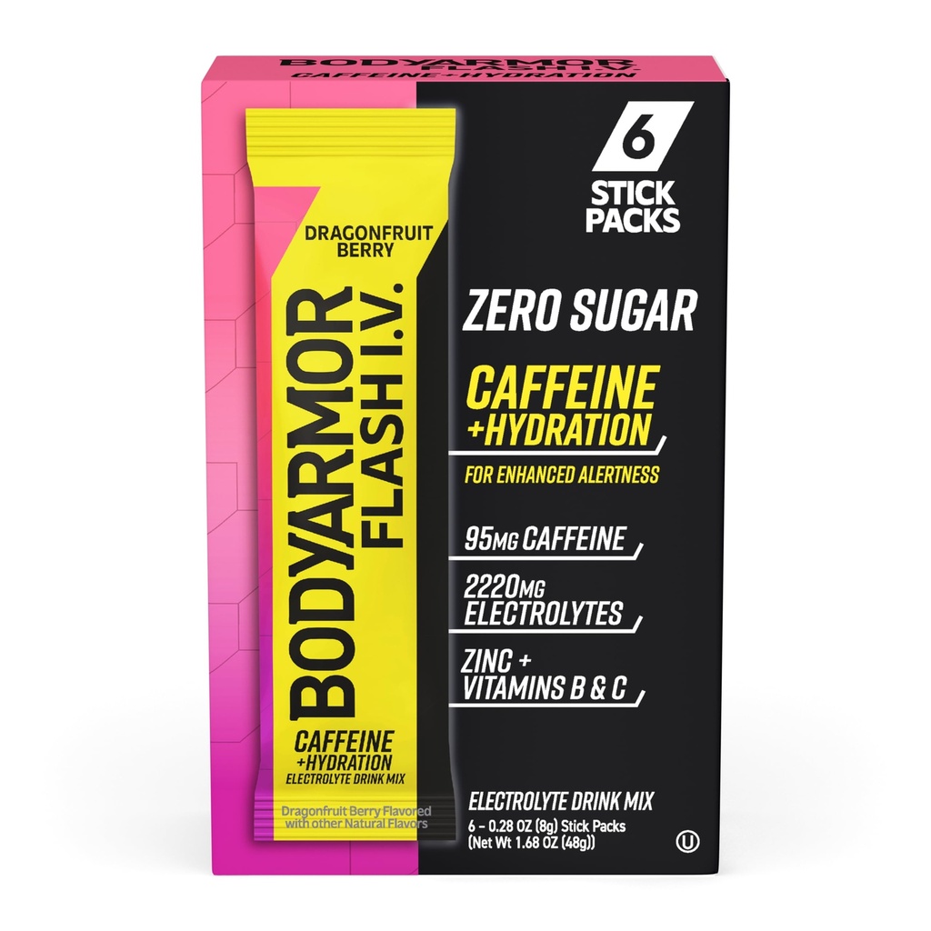 BODYARMOR Kofeiniran Flash I.V. Elektrolitski paketi - DragonFruit Berry - Zero Sugar Energy Drink Mix, Enoservni paketi, Hidracija za pred vadbo, Potovalne esencials, Active Lifestyle (6 Count)