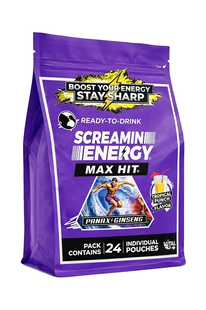 Škrlatna energija Max Hit Tropical Punch Flavor - Največja moč sladkor brez energije Shot z ginseng, B vitamini, in kofein - 24 Število