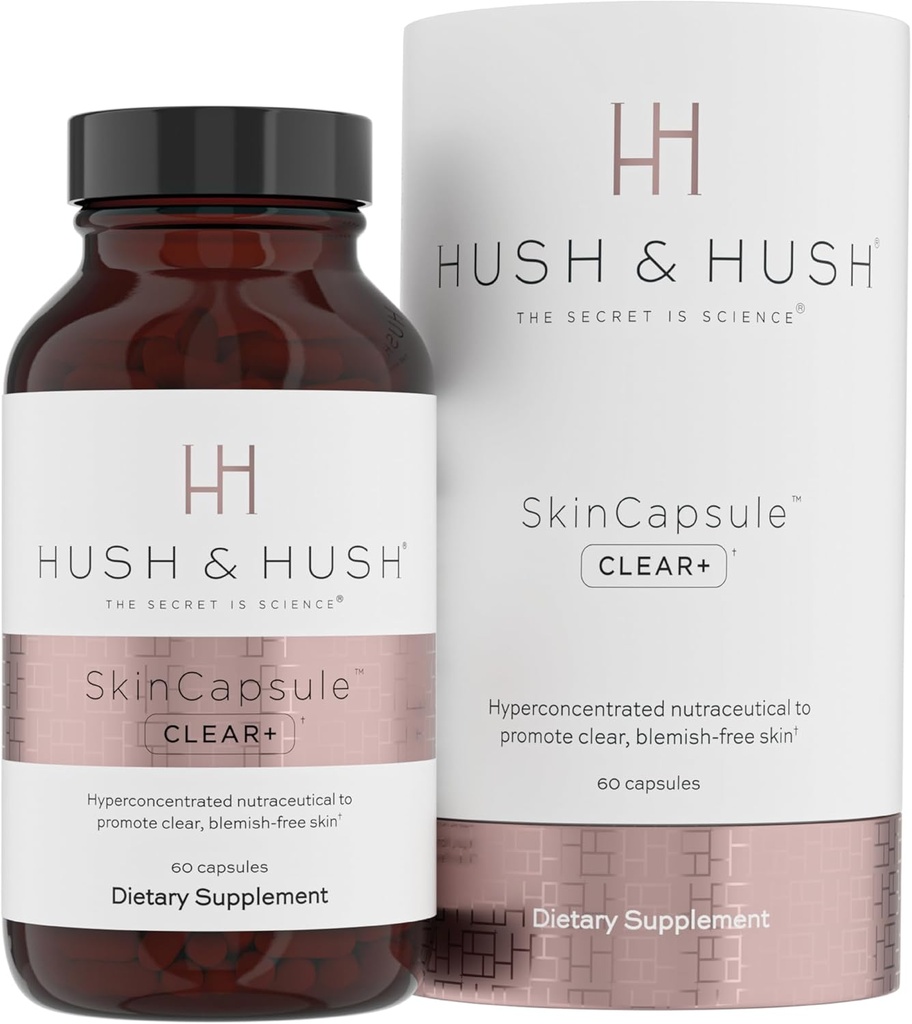Hush & Hush SkinCapsuleTM Clear+, Nega kože dopolnilo, Vegan, Acne Zdravljenje za obraz, Čista nutraceutika dopolnila, ki vsebuje vitamin A, Kurkuma, Dandelion koren, cink - 60 kapsul