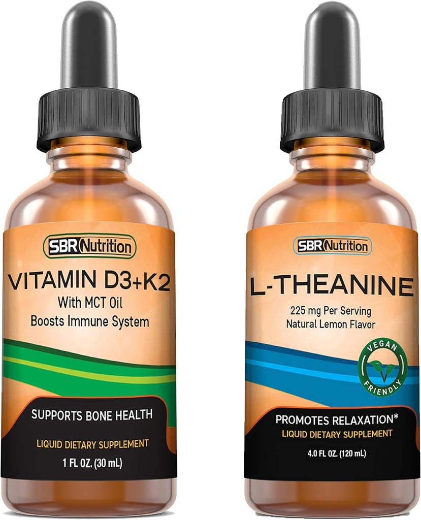 SBR Nutrition D3+K2 in L-teanin paket vitamin D3K2 (MK7) tekoče kapljice, pepermint, 1oz 