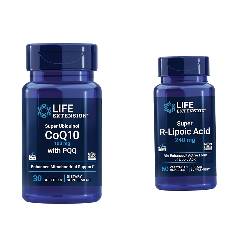 Life Extension Super Ubiquinol CoQ10 s PQ, CoQ10, PQQ, shilajit, Heart Health & Super R-Lipoic Acid – Dolgoživost dodatek za Oksidativno obrambo stresa