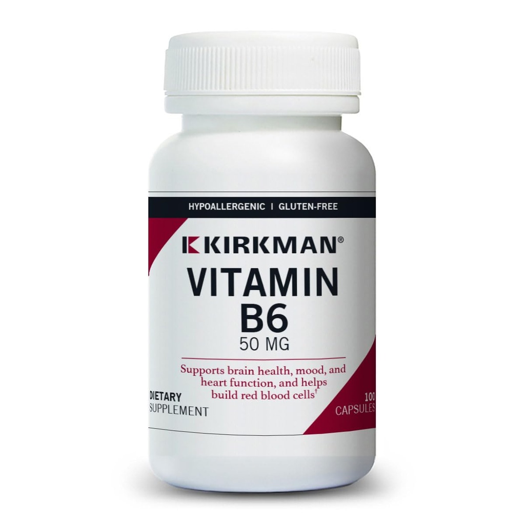 Kirkman Vitamin B-6 50 mg - hipoalergene - 100 vegetarijanskih kapsul - brez glutena/kaseina