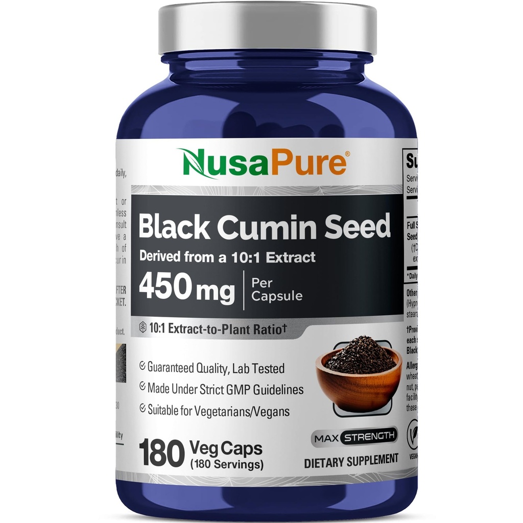 NusaPure Full Spectrum Black Cumin Seme 10:1 Extract, 450 mg ekvivalentno 4500mg 180 Veggie Powder Caps Non-GMO, Vegan Non-Oily