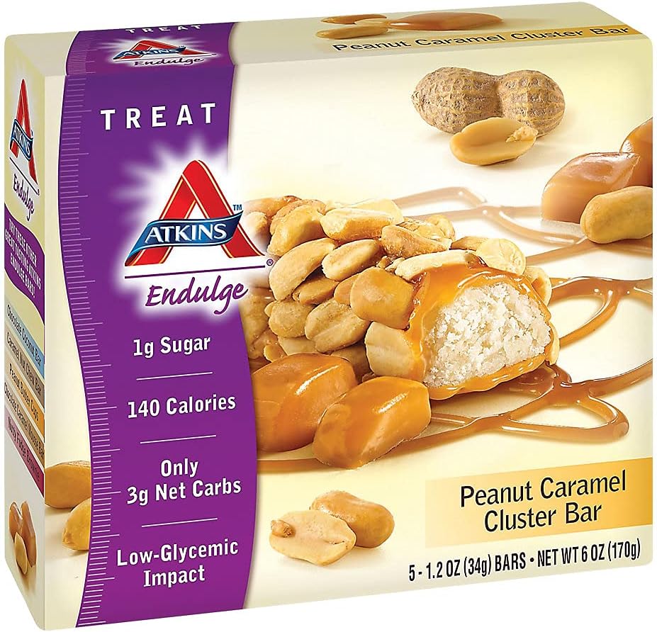 Atkins Peanut Caramel Cluster Bar, Desert Favorit, visoko v vlaknin, 3g neto Carb, 1g sladkorja