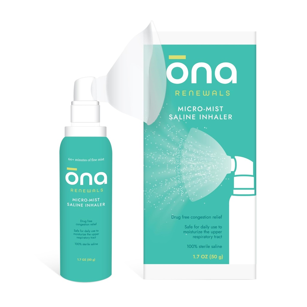 ONA Obnovitve Saline Micro-Mist Nasal Inhaler, Congestion Relief for Adults, Cold and Flu, Alergy, Sinus Relief, Nenasičeni, 1.7oz