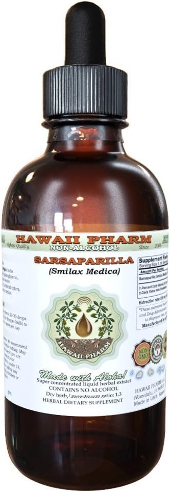 Sarsaparilla Alkohol-free Liquid Extract, Sarsaparilla (Smilax Medica) Suhi koren Glicerit Naravni zeliščni dodatek, Havaji Pharm, ZDA 2 fl.oz