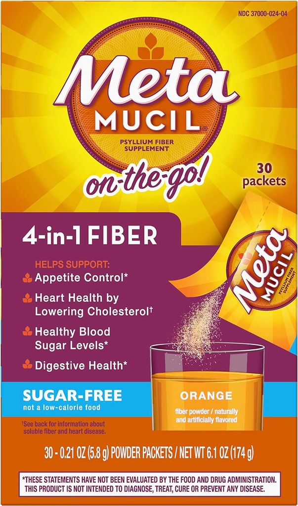 Metamucil Fiber 4-v-1 Psyllium Fiber dodatek v prahu brez sladkorja v prahu enodelni servirni paketi oranžna aromatizirana pijača 2 škatle po 30 paketov (OLD)