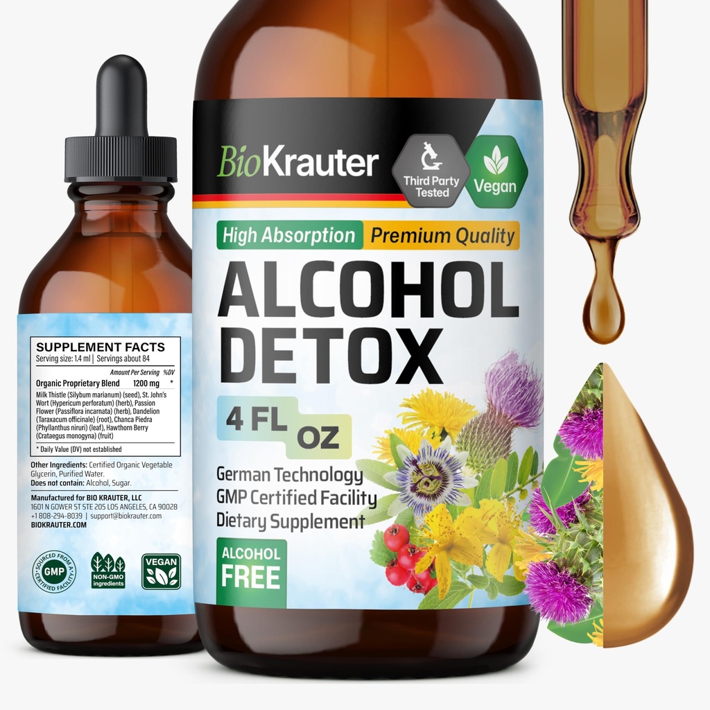 BIO KRAUTER Alkohol Detox Tinktura - Jetrna čistila Formula - mleko Thistle & Dandelion - Jetrna detox Tekoči ekstrakt - Alkohol in sladkor brez - Veganske kapljice 4 Fl.Oz.