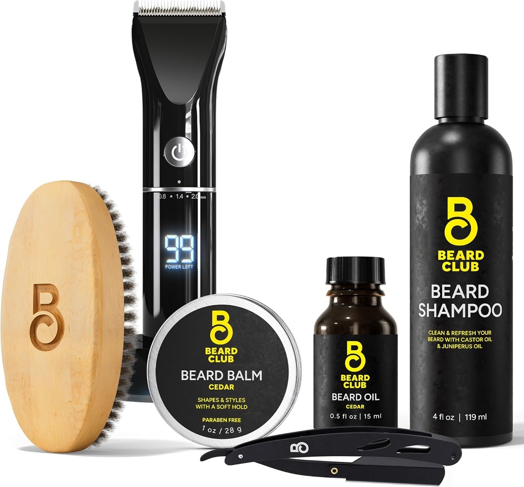 Bred klub Grooming paket: Trimmer za moške in nego komplet - Vključuje akumulatorske električne škarje, ravnega roba Razor, šampon, Cedar Balm & olje, Brush - 8 vodniki, 45 Dolžina