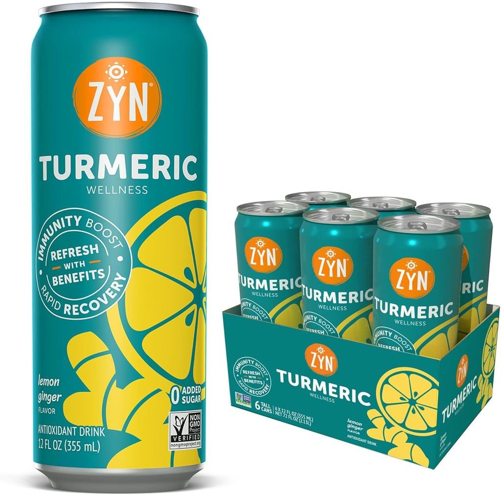 ZYN Kurkum Wellness Drink (6 pakiranje), Lemon ingver aromatiziran kurkumin pijača s črnim poprom, brez dodanega sladkorja, nizko karboksi in nizko kalorično pijačo, čista alternativa