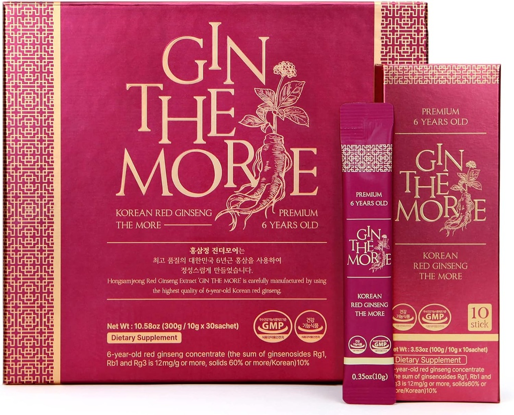 [Gin the More] korejska rdeča ginseng – 30 vrečke korejski ginseng ekstrakt – Premium ginseng ekstrakt 6 Leto brez konzervansov, polnila – prijeten okus – Nutrient Packed Immunity Shot