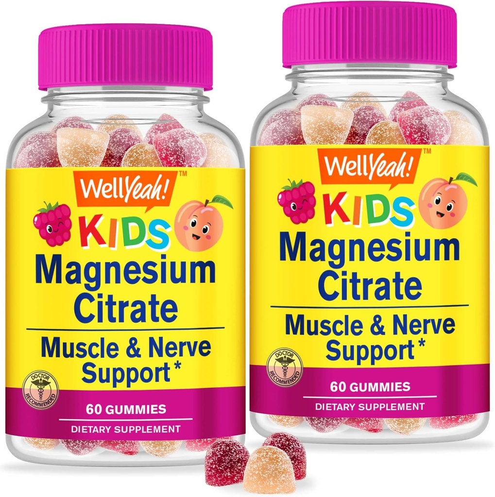 WellYeahe Magnezijev citrat Gumiji za otroke (2 paket) - Žvečljivi stres Relief dodatek za otroke - Naravni mir, Mood podpora, Non-GMO, Gluten Free - Naravni vir arome - 60 Gumies
