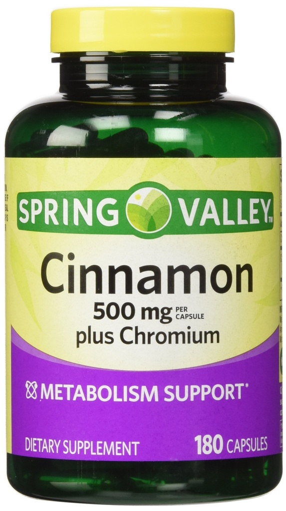 Spring Valley - Cinnamon 500mg Plus Chromium, dvoposteljno pakiranje, 2 steklenici po 180 kapsul