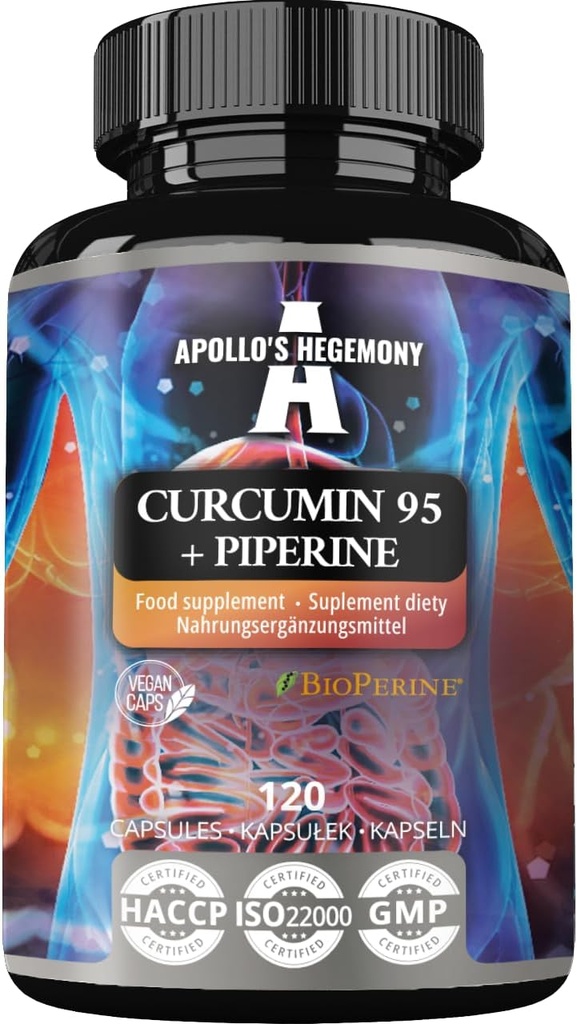 APOLLOV HEGEMONY Curcumin 95 + piperin 302 mg na kapsulo, visoko trdnost Kurkuma Root Extract 95%, 120 Veganske kapsule, 4 Mesece dobave, za optimalno prebavo in izboljšano absorpcijo