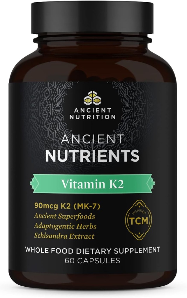 Ancient Nutrition Vitamin K2 Supplement, K2-90mcg K2, Adaptogene zelišča, Enzyme aktivirana, podpira kardiovaskularno funkcijo, Paleo & Keto prijazen, 60 kapsul
