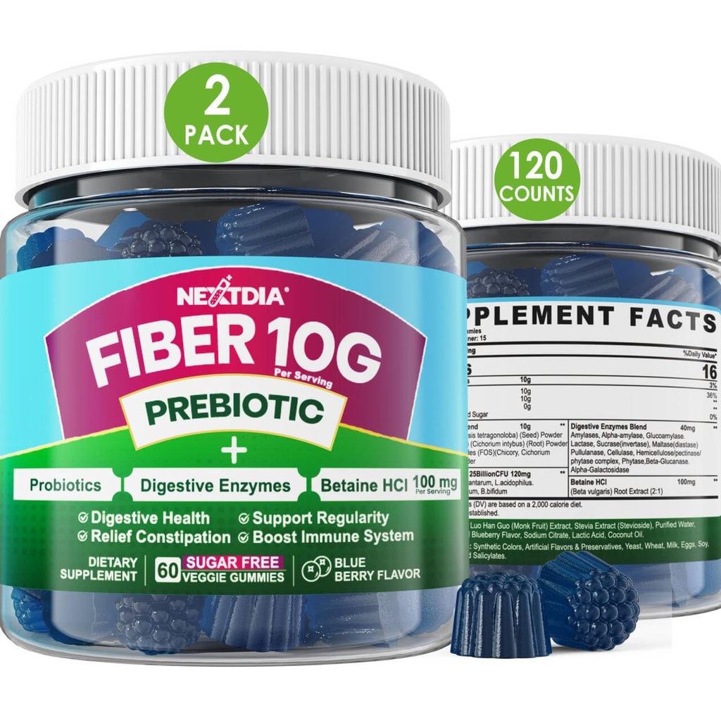 Fiber Gumies za odrasle, sladkor prost 10g Prebiotične Fiber dodatek z digestivnimi encimi, probiotiki & 100mg Betain za digestiv & Gut zdravje in Regulirajte Bowel gibanje, Vegan, Gelatin Free,120ct