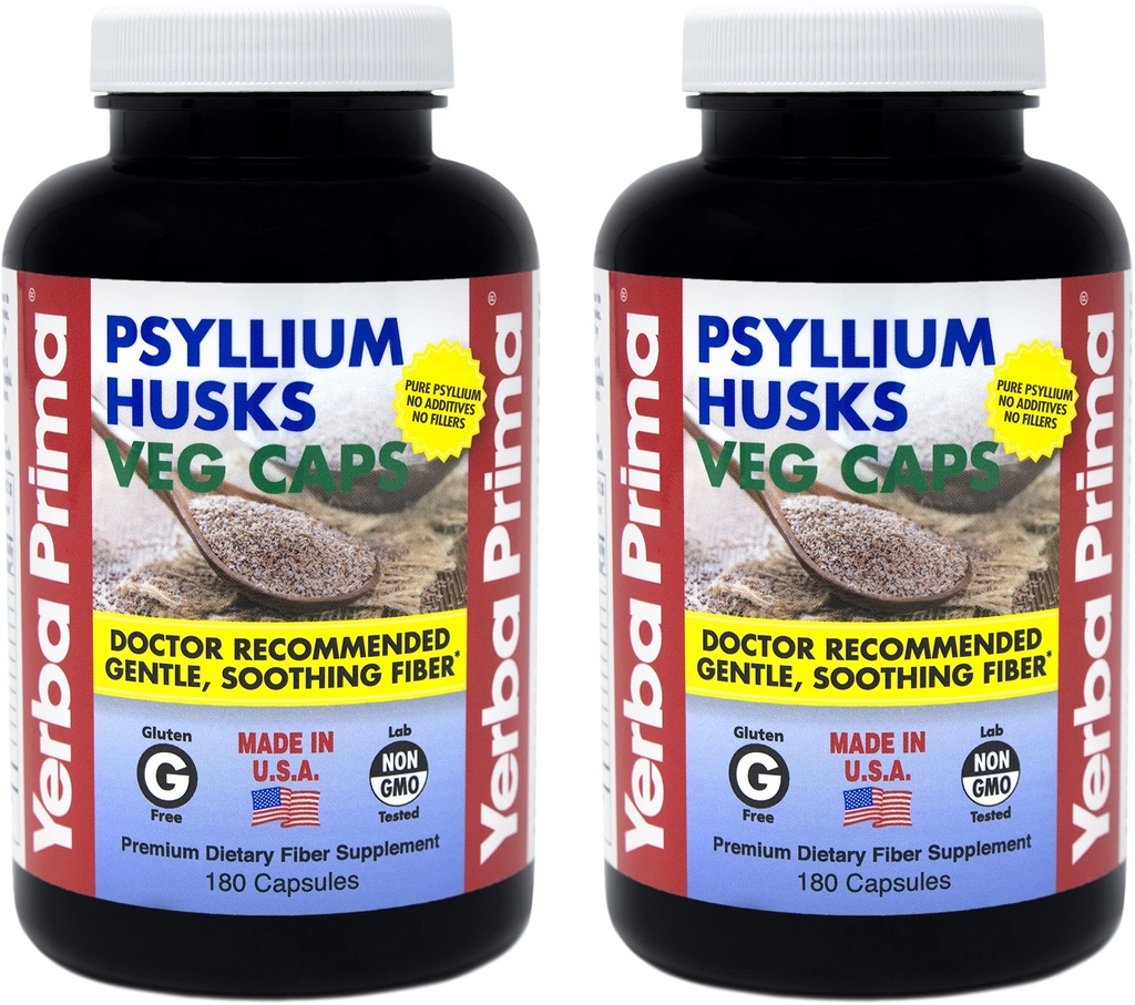 Yerba Prima Psyllium Husks Veg Caps - 180 Count (2 Pack) (625mg) - Vegan, Non-GMO, Gluten Free, Colon Cleanser, Daily Fiber dodatek za Gut zdravje & Rednost