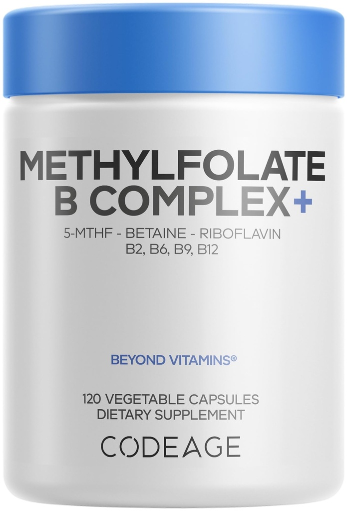Koda Metilfolate B Complex Supplements - 5 MTHF, Metilcobalamin 1000mcg Metilirani Vitamin B12, Riboflavin, Betain, Vitamini B6, Metilacijski cikel MTHFR - 2 meseca - 120 kapsul