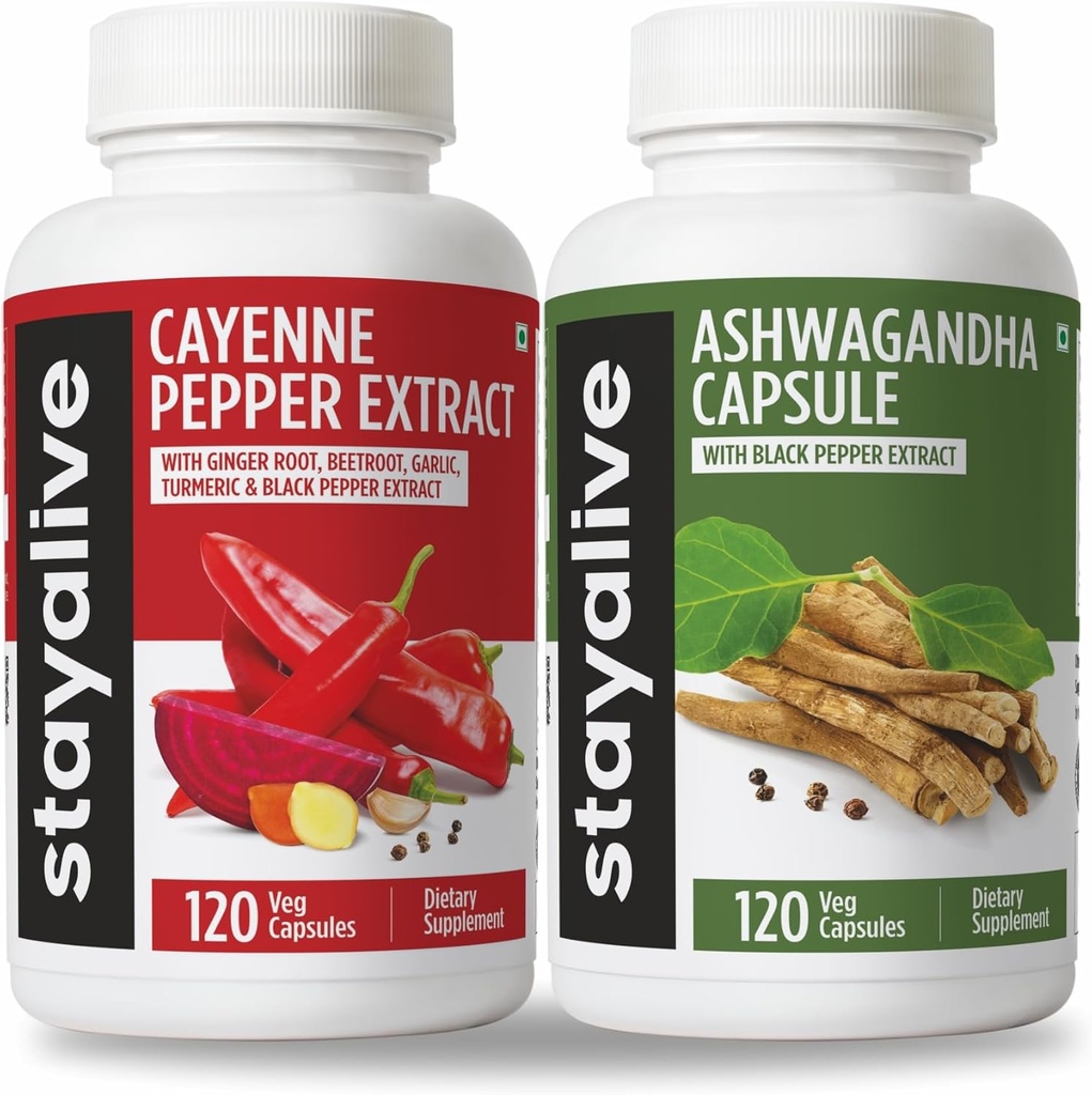 STALE ŽIVE Cayenne in Ashwagandha Bundle w/Crno Pepper Extract kapsule, 240 Veganske tablete, Non-GMO & Gluten Free Ashwagandha Cayenne Pepper dodatek